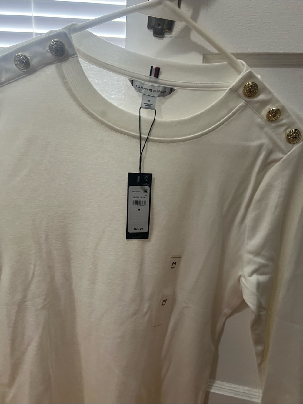 Tommy Hilfiger White Long-Sleeve Shirt with Gold Shoulder Buttons